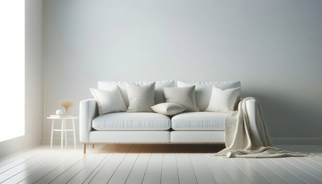 A single white sofa with pillows and a blanket against a blank wall in a minimalist modern living room
