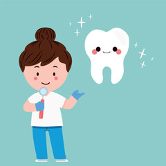 Dentist holding a tooth. Shiny tooth. Dentist on blue background