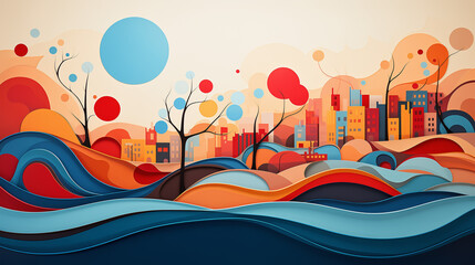 an abstract visualization symbolizing communities adapting to climate change, using bold colors and dynamic shapes to represent resilience, innovation