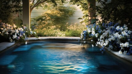 In the serene ambiance of the spa's garden, a white floral design surrounded by a circle of blue flowers created a mesmerizing splash of beauty amidst the summer blooms, as water gently trickled from - Powered by Adobe