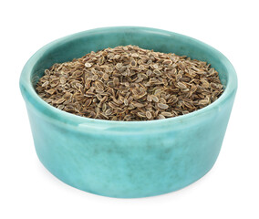 Bowl of dry dill seeds isolated on white