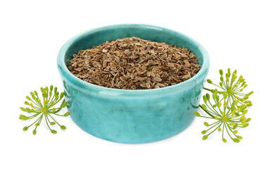 Bowl of dry seeds and fresh dill isolated on white