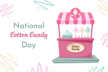 Cotton candy day.  Festive banner. Retro cartoon pink booth with vintage frame, color puffy sweet dessert. Cotton candy machine with delicious yummy food for children. Vector illustration