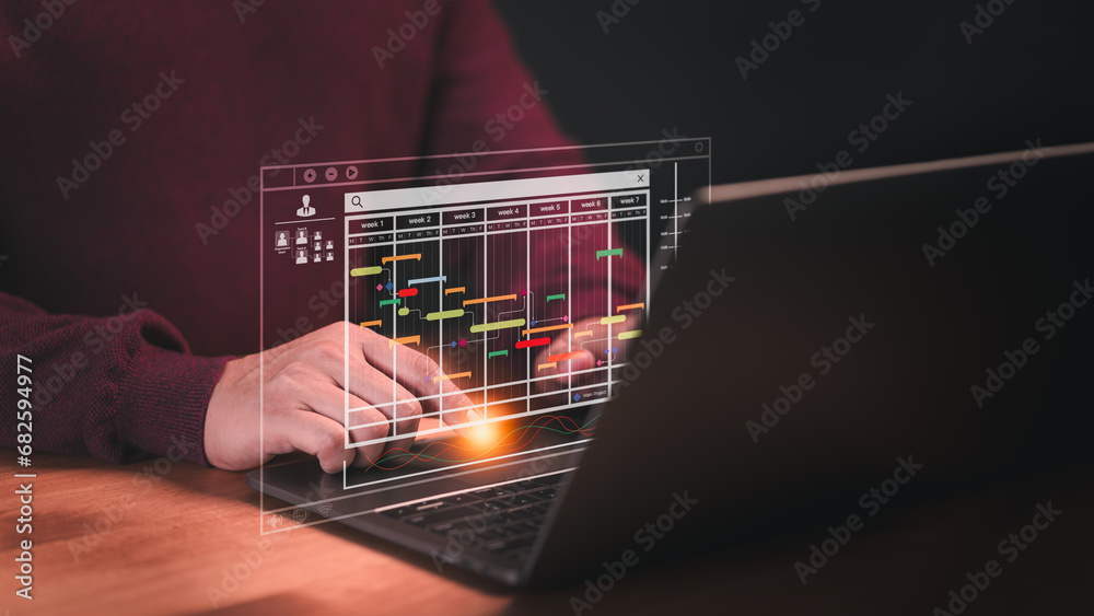 Poster Employee working with computer in business analytic and data management system to make report with KPI and metric connect to database. Corporate strategy for operations, planning, marketing, HR