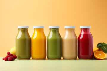Colourful healthy smoothies and juices in bottles on color background with copy space