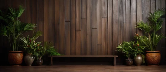 Fotobehang The vintage wood wall showcased intricate line patterns, enhancing its grunge texture, bringing a nostalgic appeal reminiscent of old Japanese and Chinese bamboo walls, blending harmoniously with the © AkuAku