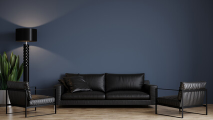 Dark room with accents. Black furniture sofa, chairs. Blue navy paint wall for art. Trendy modern minimalist interior design mockup large living. Background empty mockup. Rich office. 3d render