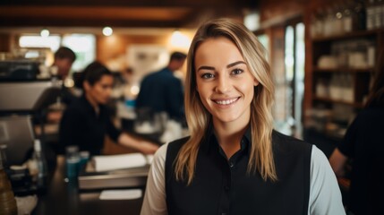 Fototapeta premium Service with a Smile. Young and Attractive Saleswoman and Cashier Assisting Happy Customers