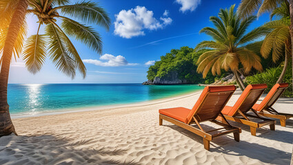 beach with trees and chairs,
Tropical beach with white sand ,
Beautiful tropical beach and sea,
