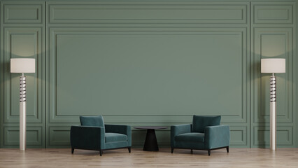 Green room with accents. Emerald armchairs. Dusty olive paint wall for art. Trendy modern classic interior design mockup large living. Background empty mockup. Stylish rich office. 3d render