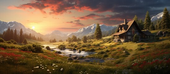 In the glorious summer sunrise, a majestic old house nestled in the vibrant forest, surrounded by the lush green landscape of Europe, revealing the beauty of nature's architecture against the backdrop - obrazy, fototapety, plakaty