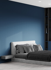 Luxury trend premium bedroom with white gray bed. Deep dark colors - blue, navy, indigo, cobalt. Blank empty wall background for art, pictures. Minimal trend design room home or hotel. 3d render 