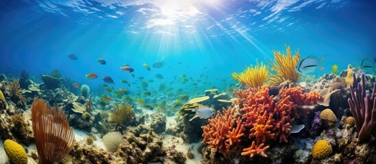 In the colorful underwater world of the Atlantic Ocean, a vibrant coral reef in Florida Keys teems with marine life, from shrimp to macro invertebrates, captivating scuba divers with its breathtaking