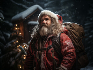 Santa Claus at night with a backpack in Christmas Eve