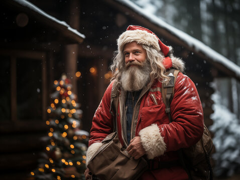 Santa Claus in a cabin taking out a gift