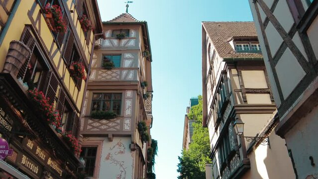 medieval traditional half timbered houses in la petite france Strasbourg cafe street
