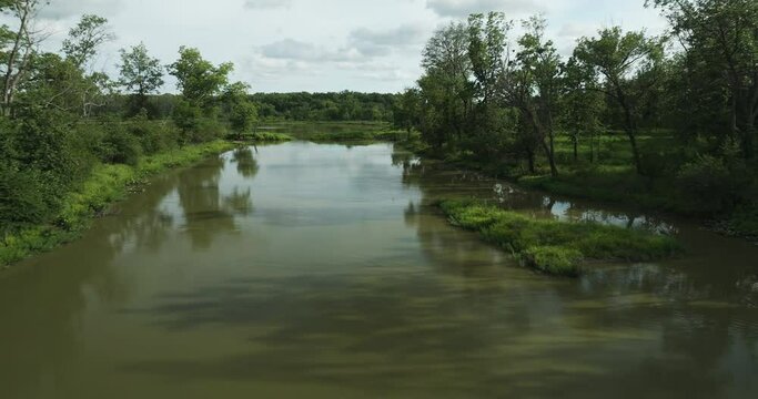 Still Water With Reflections On Spile Lake In Missouri, United States. Aerial Drone Shot