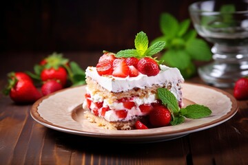 Photo delicious and sweet cake with strawberries and baiser on a plate , copy space, generative ai