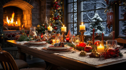 Christmas table setting with candles and decor in a cozy festive dining room with tree and fireplace. Generative AI