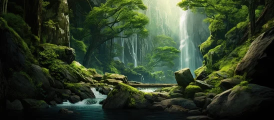 Poster In the green leafy forest of the mountains, a waterfall cascades down the stone, creating a beautiful natural landscape that captivates all who travel there in the summer, revealing the beauty of © AkuAku