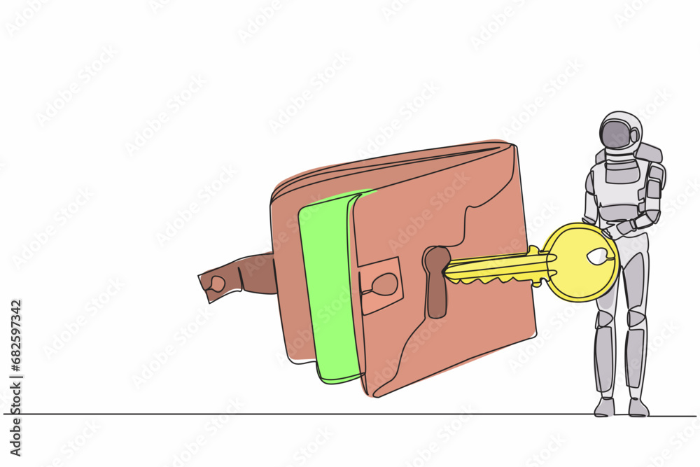 Poster continuous one line drawing of astronaut put key into wallet. money protection and financial securit