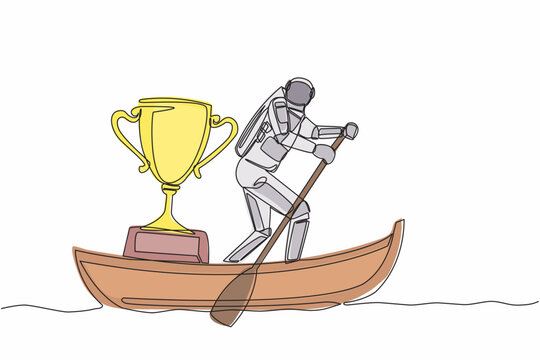 Single continuous line drawing young astronaut sailing away on boat with trophy. Victory and rewards for space exploration missions. Cosmonaut deep space. One line graphic design vector illustration