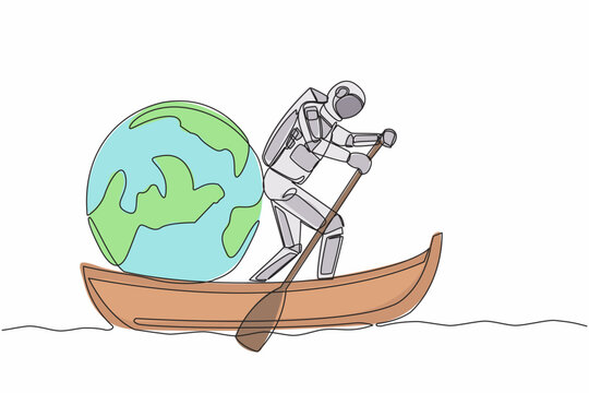 Continuous one line drawing young astronaut sailing away on boat with globe. Exploration mission journey across planets. Cosmonaut outer space concept. Single line design vector graphic illustration