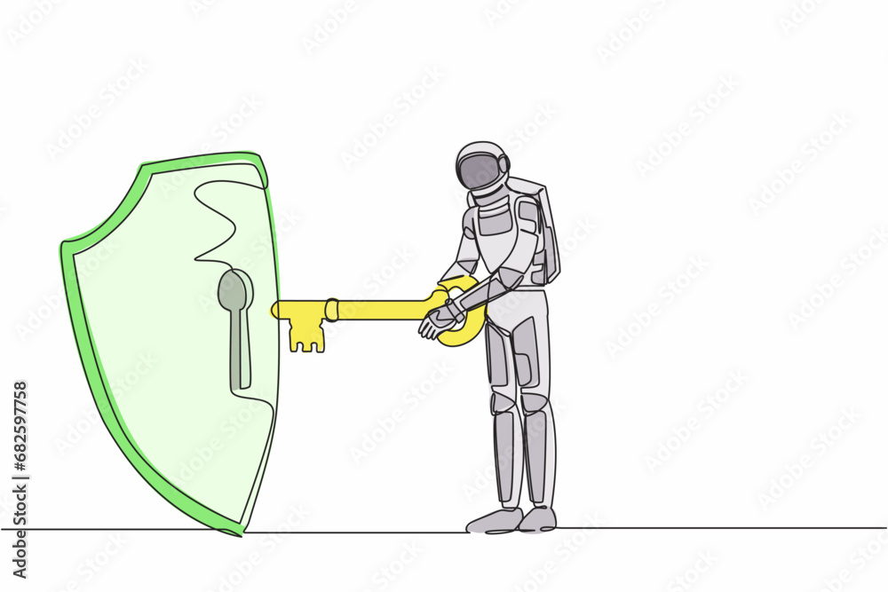 Poster single continuous line drawing of young astronaut put key into shield. internet security and data pr