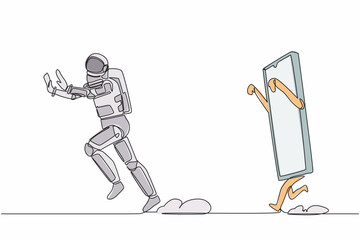 Obraz premium Single one line drawing young astronaut being chased by smartphone. Afraid to talk with spaceman in other universe. Cosmic galaxy space concept. Continuous line draw graphic design vector illustration