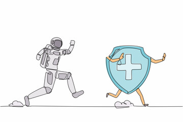 Single one line drawing young astronaut run chasing shield in moon surface. Security for spaceship industry protection. Cosmic galaxy space concept. Continuous line graphic design vector illustration