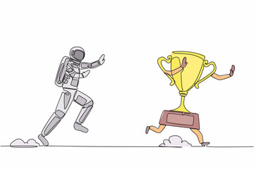 Single one line drawing young astronaut run chasing trophy in moon surface. Victory and award for galactic exploration. Cosmic galaxy space concept. Continuous line graphic design vector illustration