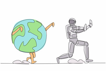 Continuous one line drawing young astronaut being chased by globe. Afraid about climate change and ecological destruction on earth. Cosmonaut outer space. Single line draw design vector illustration