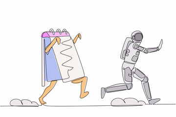 Single continuous line drawing young astronaut being chased by calendar. Afraid with spaceship exploration project schedule deadline. Cosmonaut deep space. One line graphic design vector illustration