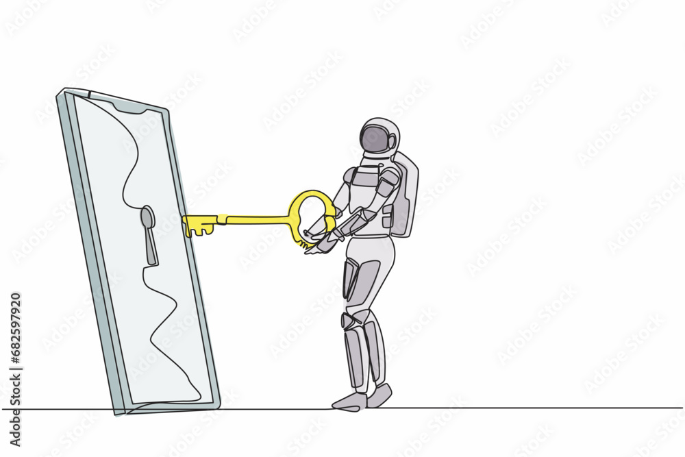 Poster continuous one line drawing young astronaut put key into smartphone. data privacy for space company 