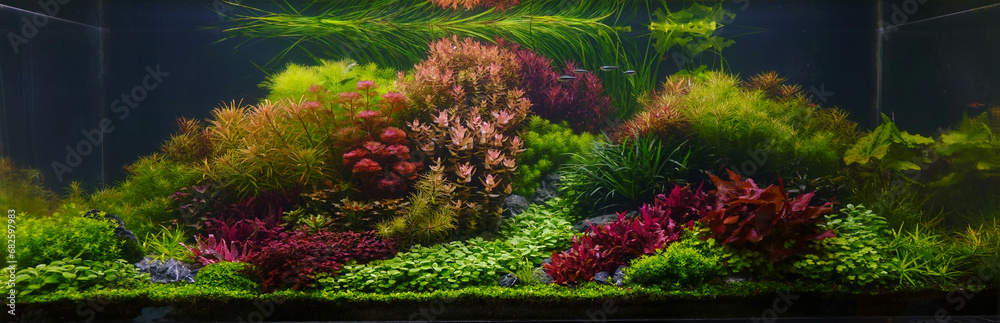 Wall mural aquarium with colorful aquatic plants, selective focus. beautiful aquatic plants tank