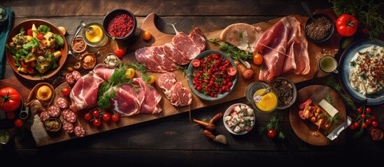 From a top view, a colorful, modern barbecue party unfolds, showcasing a delicious spread of smoked pork loin, bacon, and grilled goodies, satisfying both nutrition and appetite with its mouthwatering - obrazy, fototapety, plakaty