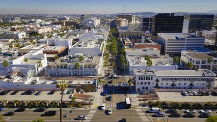 Rodeo Drive and exclusive city center in Beverly Hills from above - Los Angeles Drone footage -...