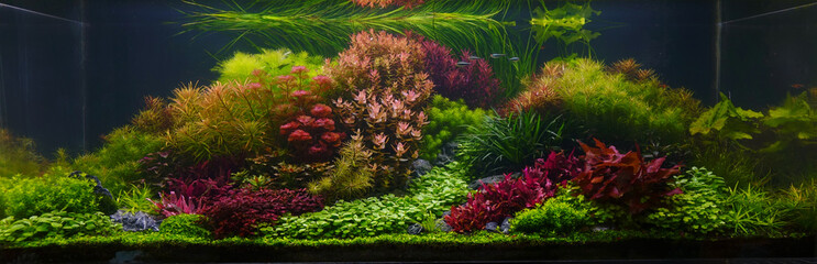 Aquarium with colorful aquatic plants, selective focus. Beautiful aquatic plants tank