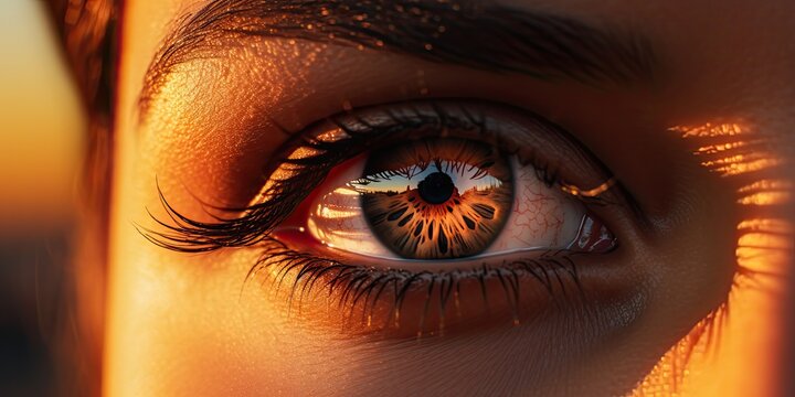 close up image of a woman's eye at sunset, generative AI