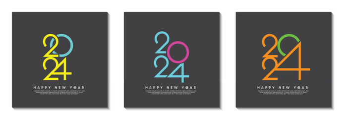 Collection creative concept of 2024 Happy New Year posters set. Design templates with number on colorful background. Trendy ideas for magazines, brochures and posters. Vector Illustrator EPS.