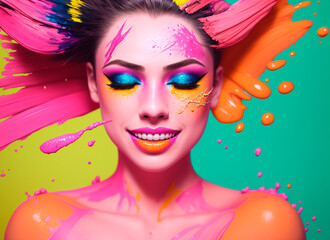 Portrait of a handsome young woman with colorful paint splashes on his face.