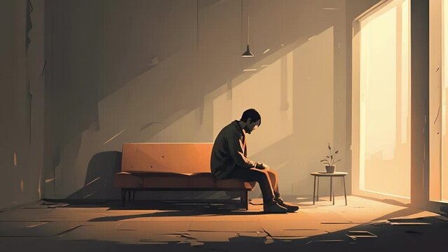 Minimal flat motion of a person sitting alone in a drab and lifeless room, portraying the emptiness and numbness that can come with excessive substance 2D cartoon animation. .