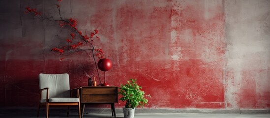 The vintage wallpaper showcased a retro red texture on the old concrete wall, bringing a grunge feel to the urban architecture's plastered structure.