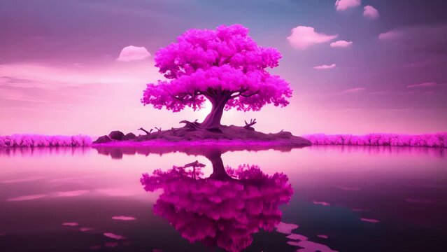 水面に映るピンクの樹,Generative AI 