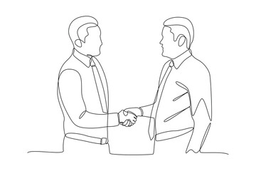 One continuous line drawing of Business people shaking hands. Agreement, trust, cooperation concept. Doodle vector illustration in simple linear style.