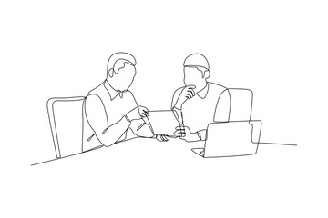 One continuous line drawing of Business people shaking hands. Agreement, trust, cooperation concept. Doodle vector illustration in simple linear style.