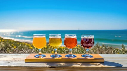 A flight sampler of sour beers, with varying hues from pale yellow to vibrant orange, beckons to be tasted against the backdrop of the deep blue sea. Each sip offers a different blend of
