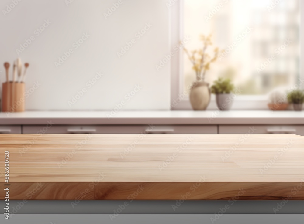 Wall mural A wooden table in a kitchen with a large window that provides a view of a city. The table is made of light-colored wood and has four legs. There are four chairs around the table