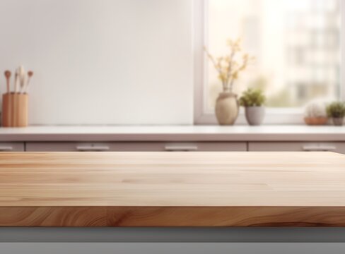 A wooden table in a kitchen with a large window that provides a view of a city. The table is made of light-colored wood and has four legs. There are four chairs around the table