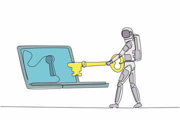 Obraz premium Single one line drawing astronaut putting key into laptop. Protection internet spaceship encryption, access to encrypted data. Cosmic galaxy space. Continuous line graphic design vector illustration